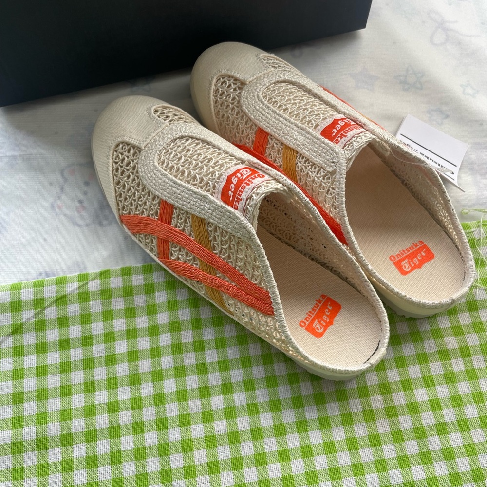 Onitsuka Tiger Cream Mesh Slip-On Sneakers with Orange and Gold Stripes - Picture 2 of 9